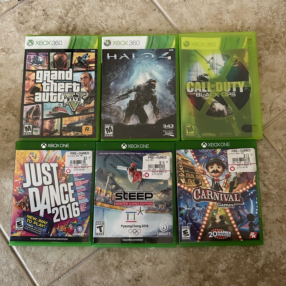 Xbox Game Bundle: GTA V, Halo 4, Black Ops 1, Just Dance, Carnival Games